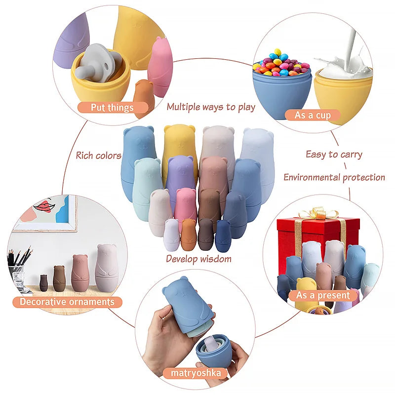 Montessori Nesting Matryoshka Doll Toy Set – Silicone Stacking Blocks, BPA Free